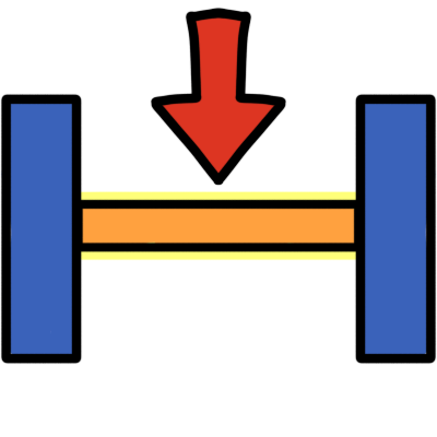 A narrow orange horizonal rectangle, representing a passageway, connecting two vertical dark blue rectangles. the orange rectangle has a light yellow surround and there is a red arrow pointing down to it.